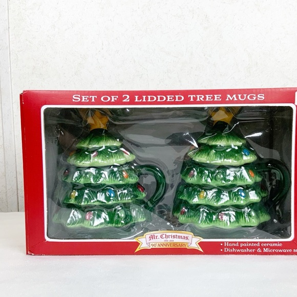 Mr Christmas 2 Lidded Tree Mugs 16 Oz Ceramic Hand Painted 90th Anniversary - Picture 3 of 9